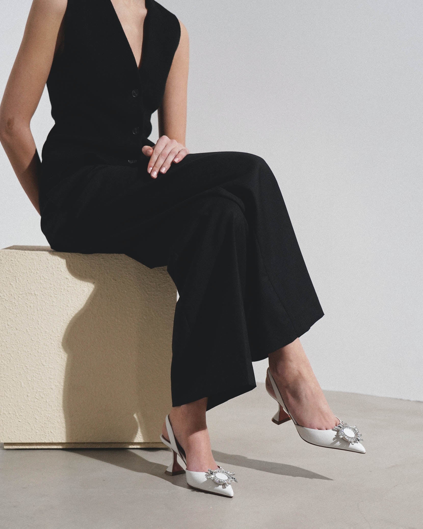 Begum sling 70 crystal embellished white leather pumps