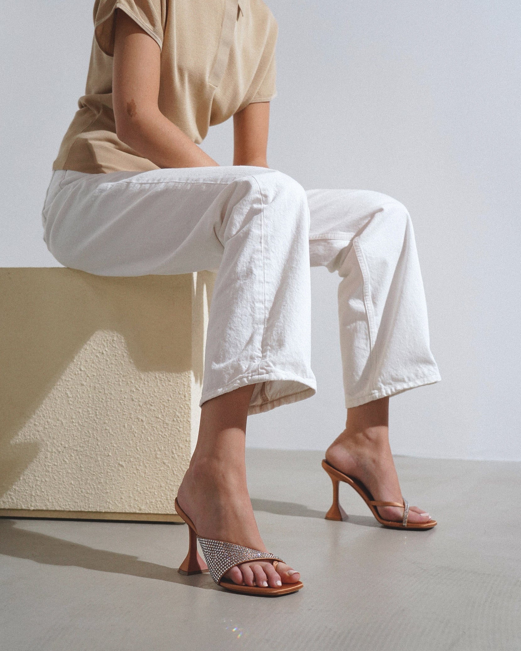 Shiona 95 beige satin crystal mules