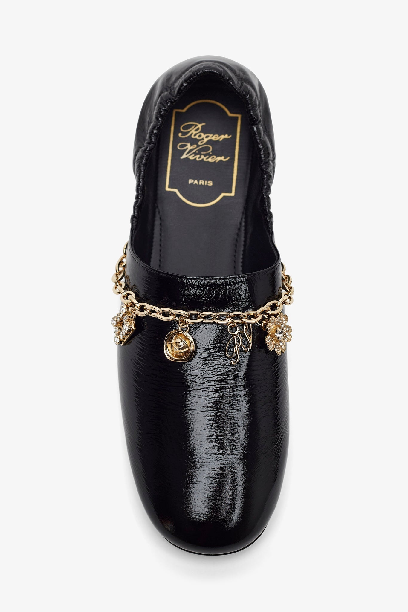 Roundytoe black with gold charm slippers