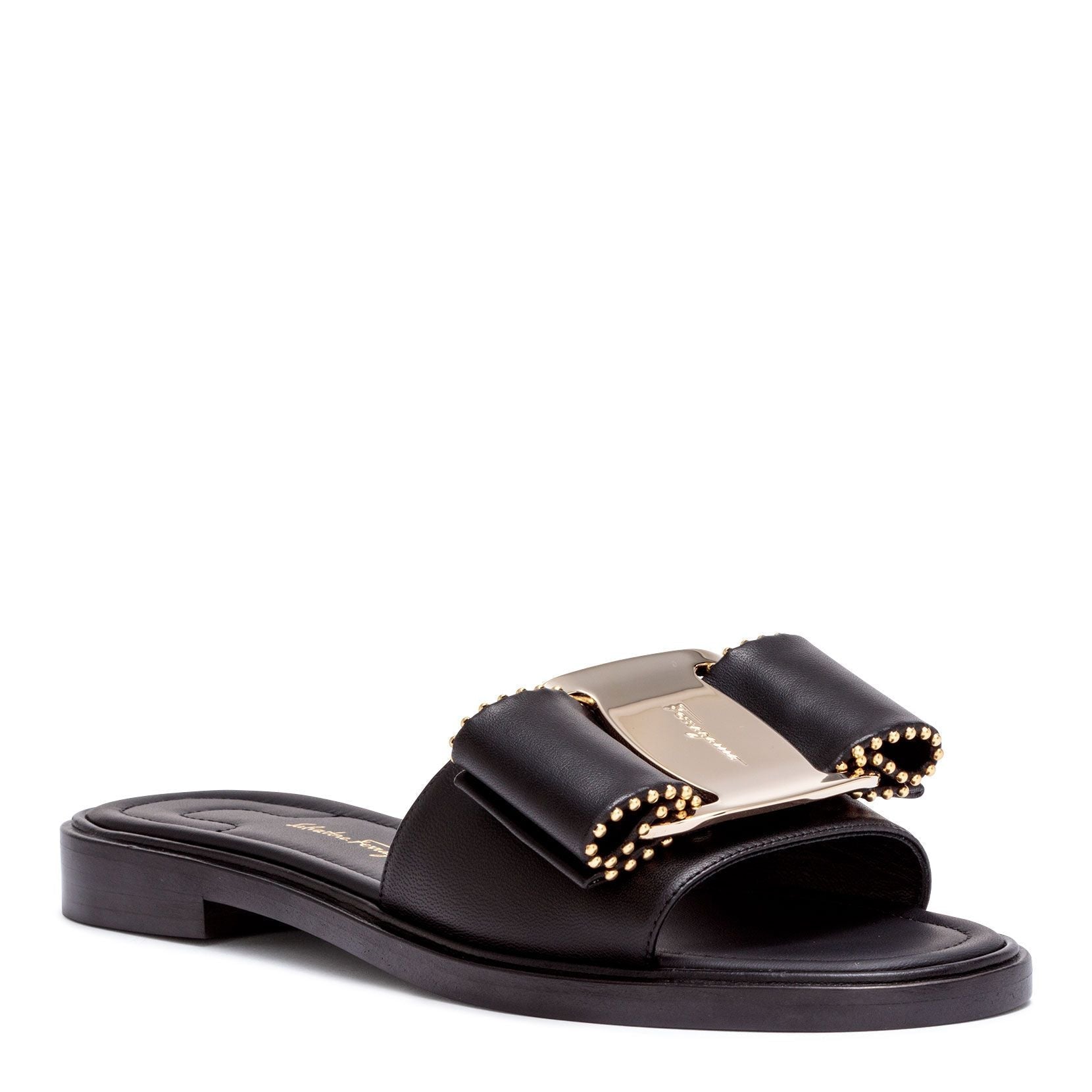 Isera black leather studded bow slide sandals