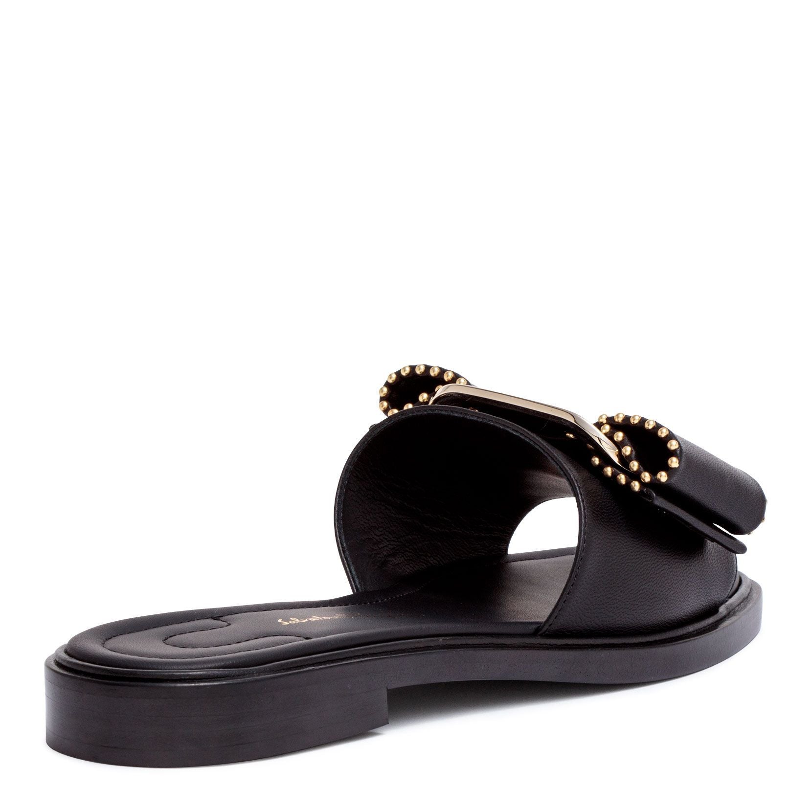 Isera black leather studded bow slide sandals