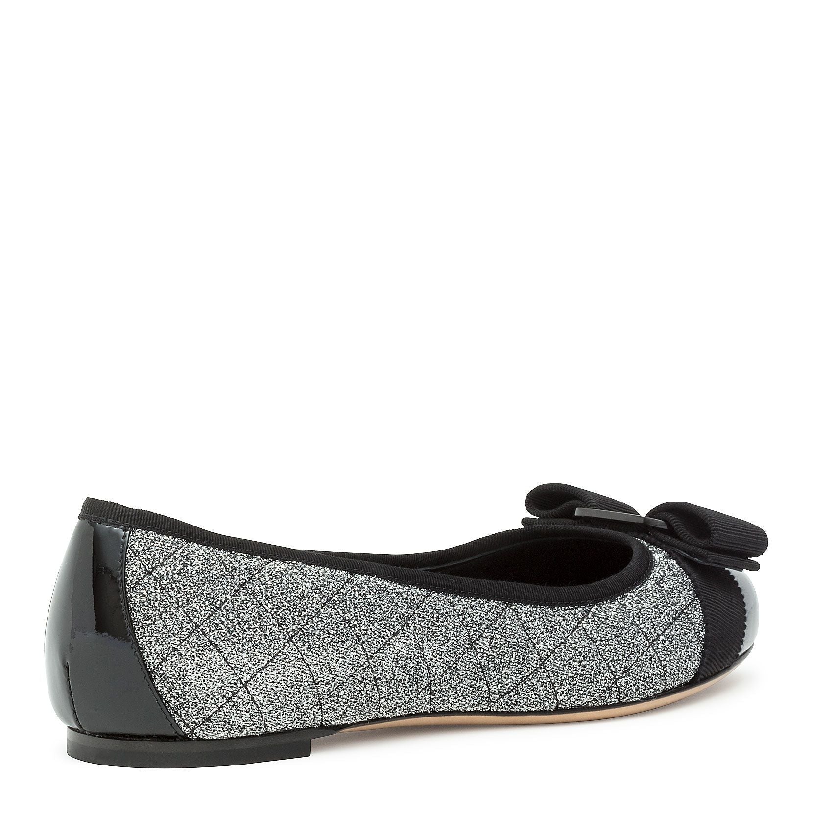 Varina quilted silver fabric black patent ballerinas