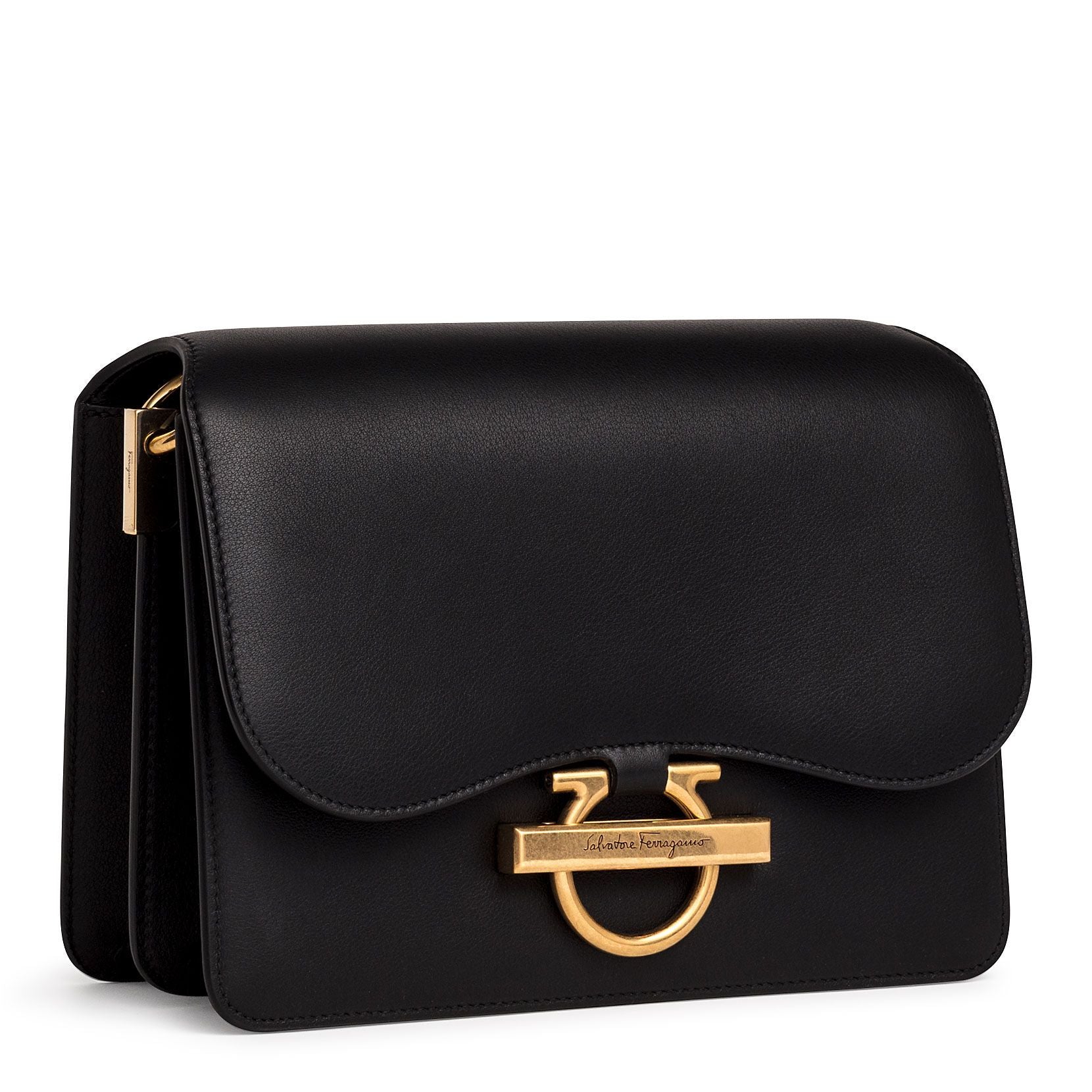 Joanne black leather shoulder flap bag