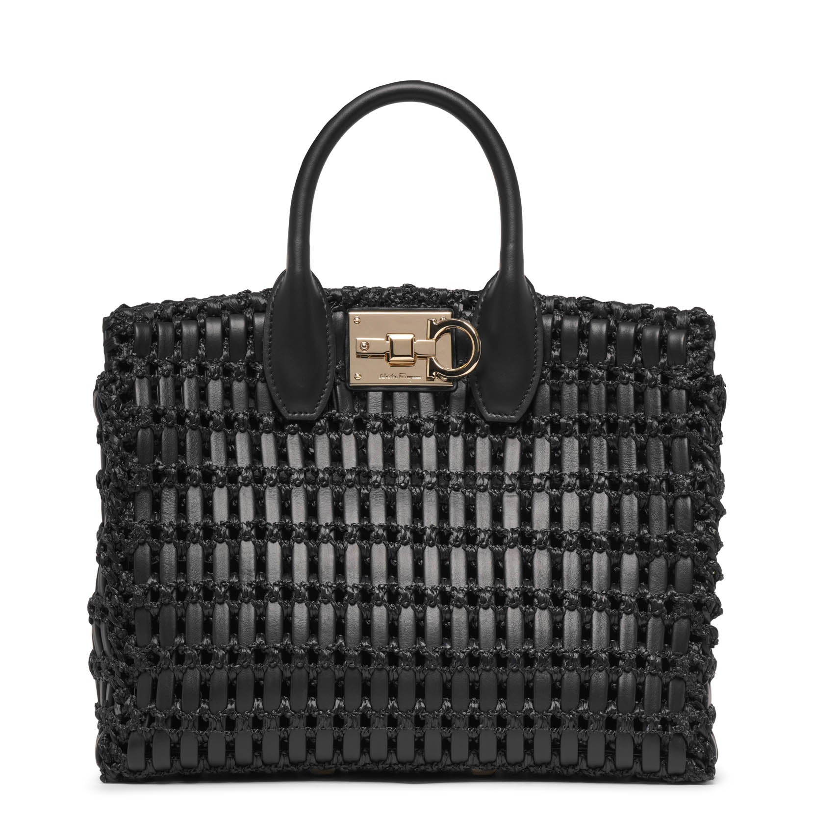 The Studio black leather and rafia tote bag