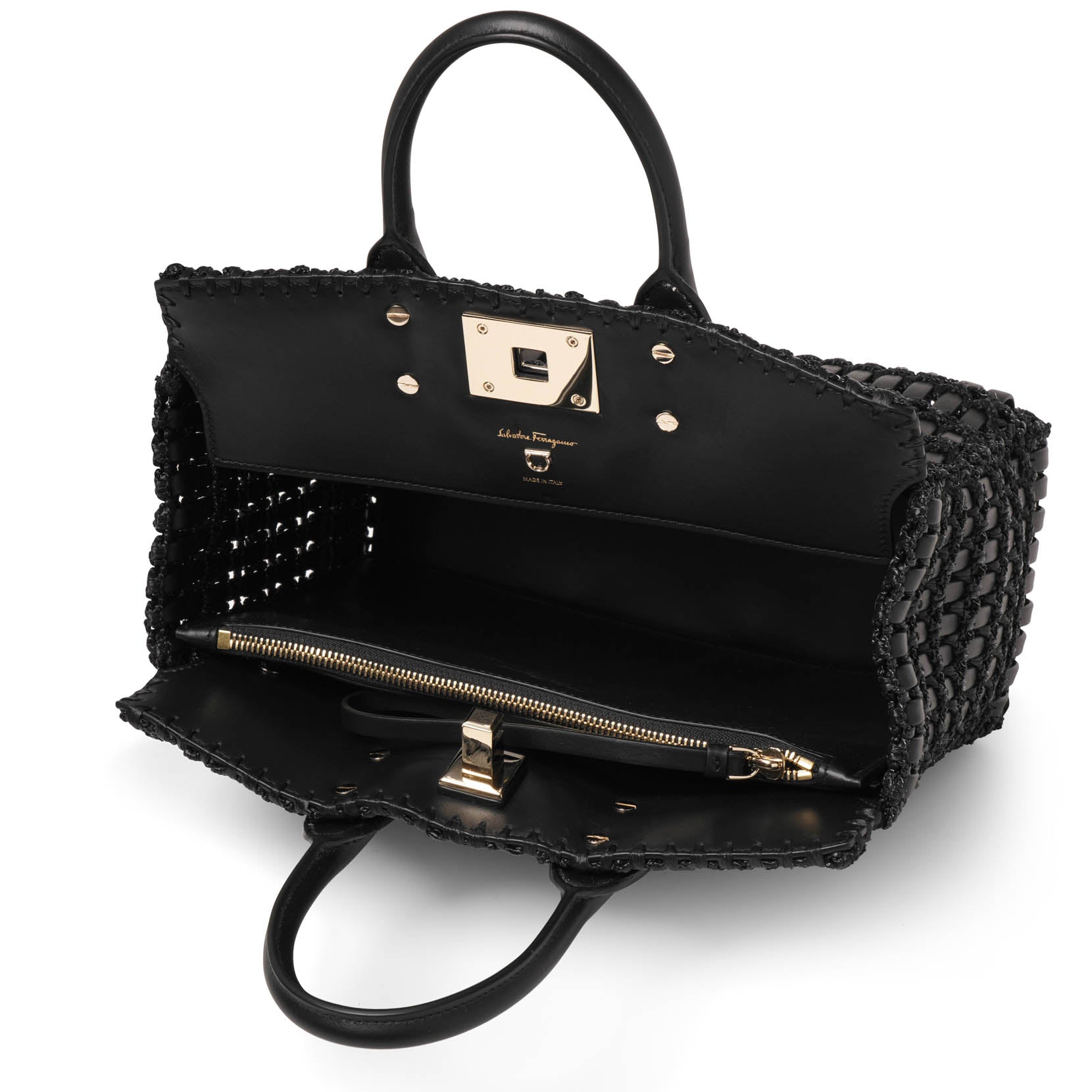 The Studio black leather and rafia tote bag