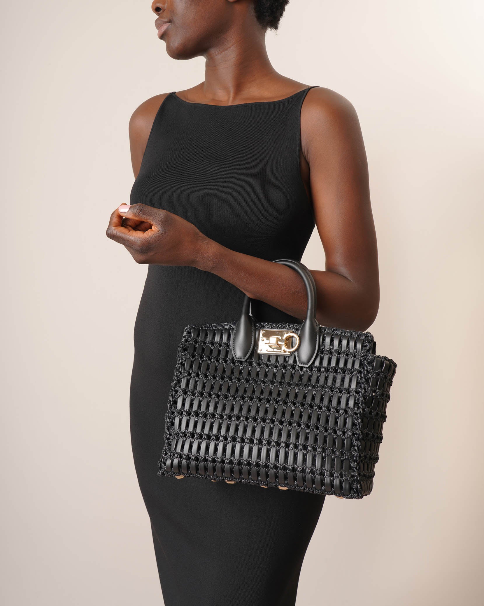 The Studio black leather and rafia tote bag