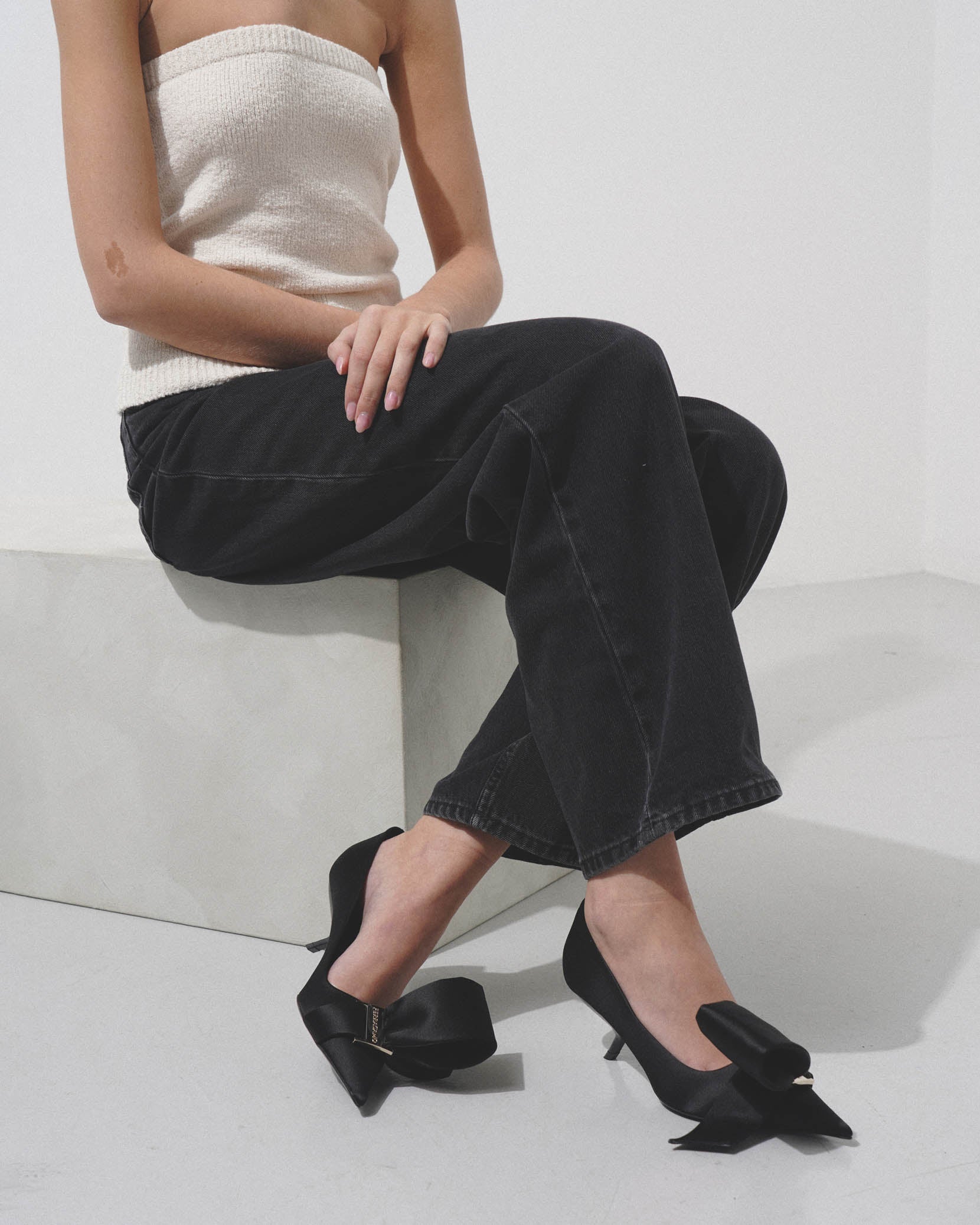 Erica 55 black satin bow pumps