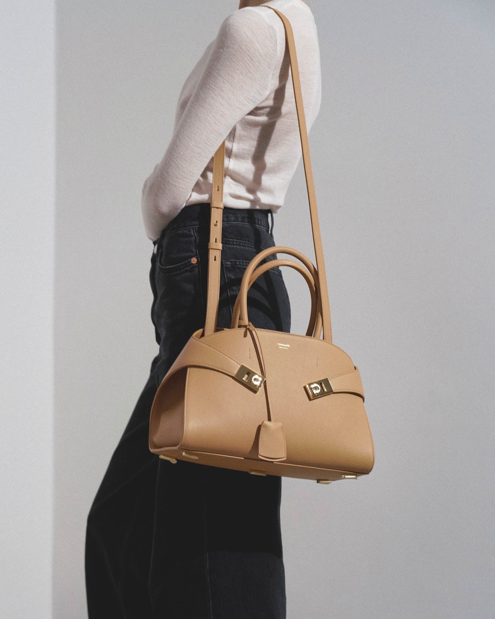 Hug soft light camel top handle bag