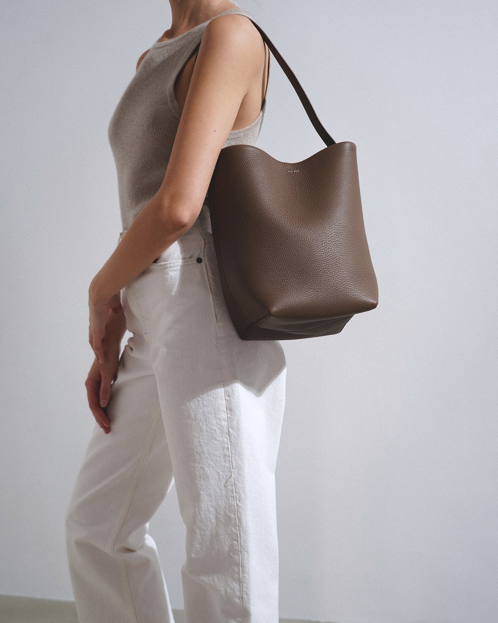 Medium N/S dark olive leather tote bag