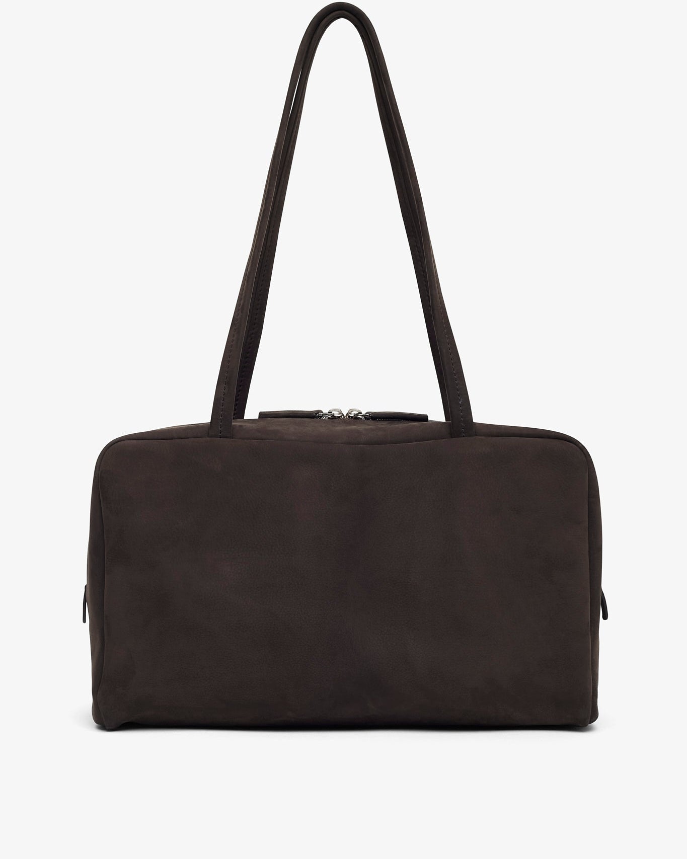 Brown leather handbag with a shoulder strap on a white background