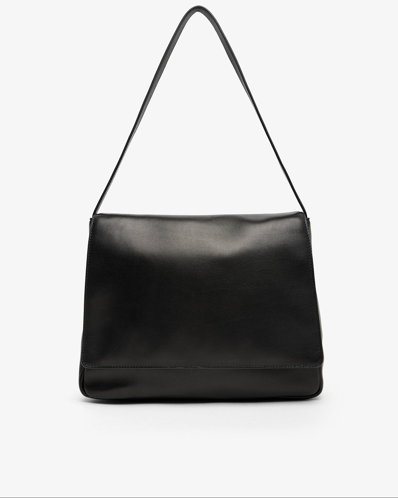 Black leather handbag with a shoulder strap on a white background