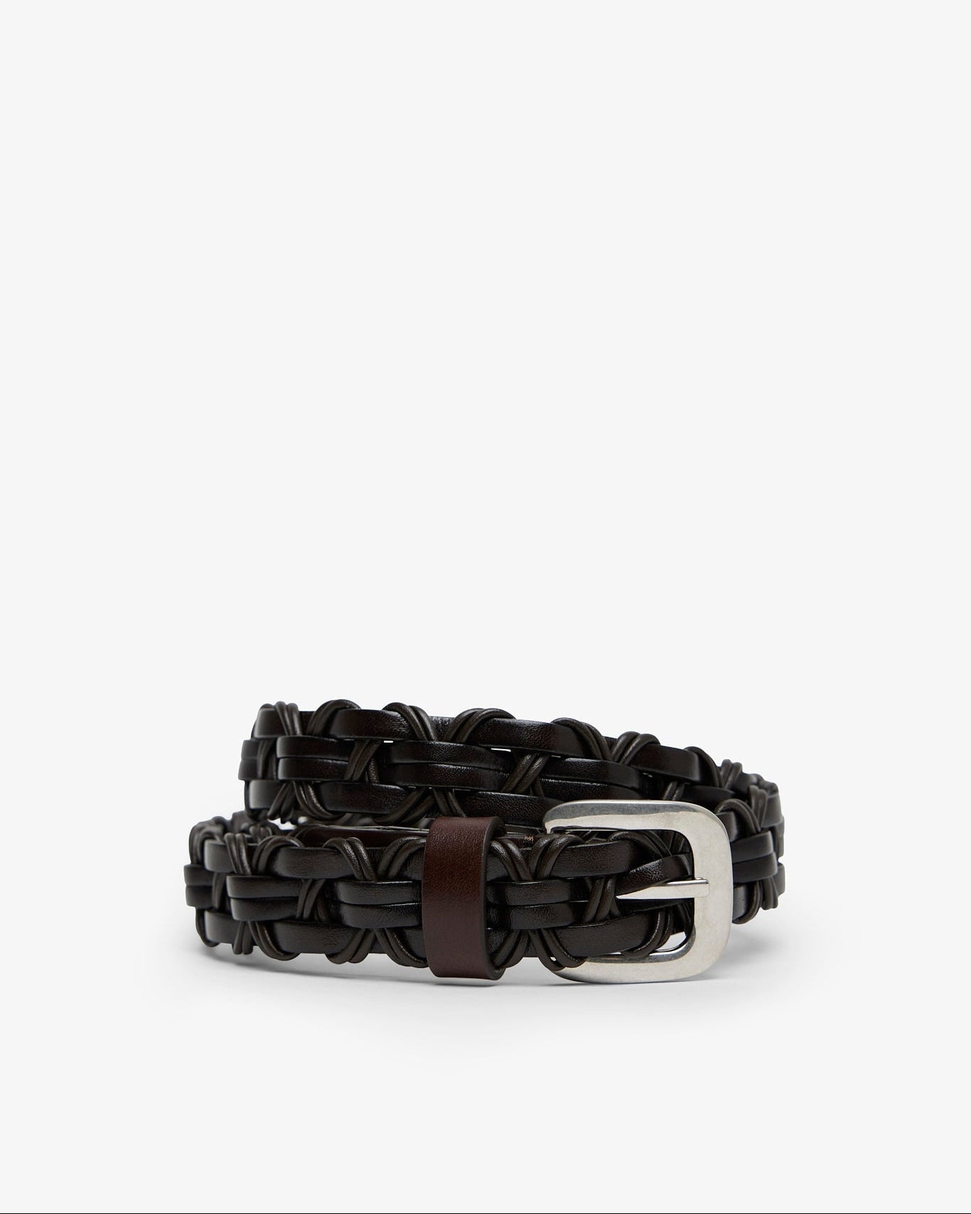 Black woven belt with a silver buckle on a white background
