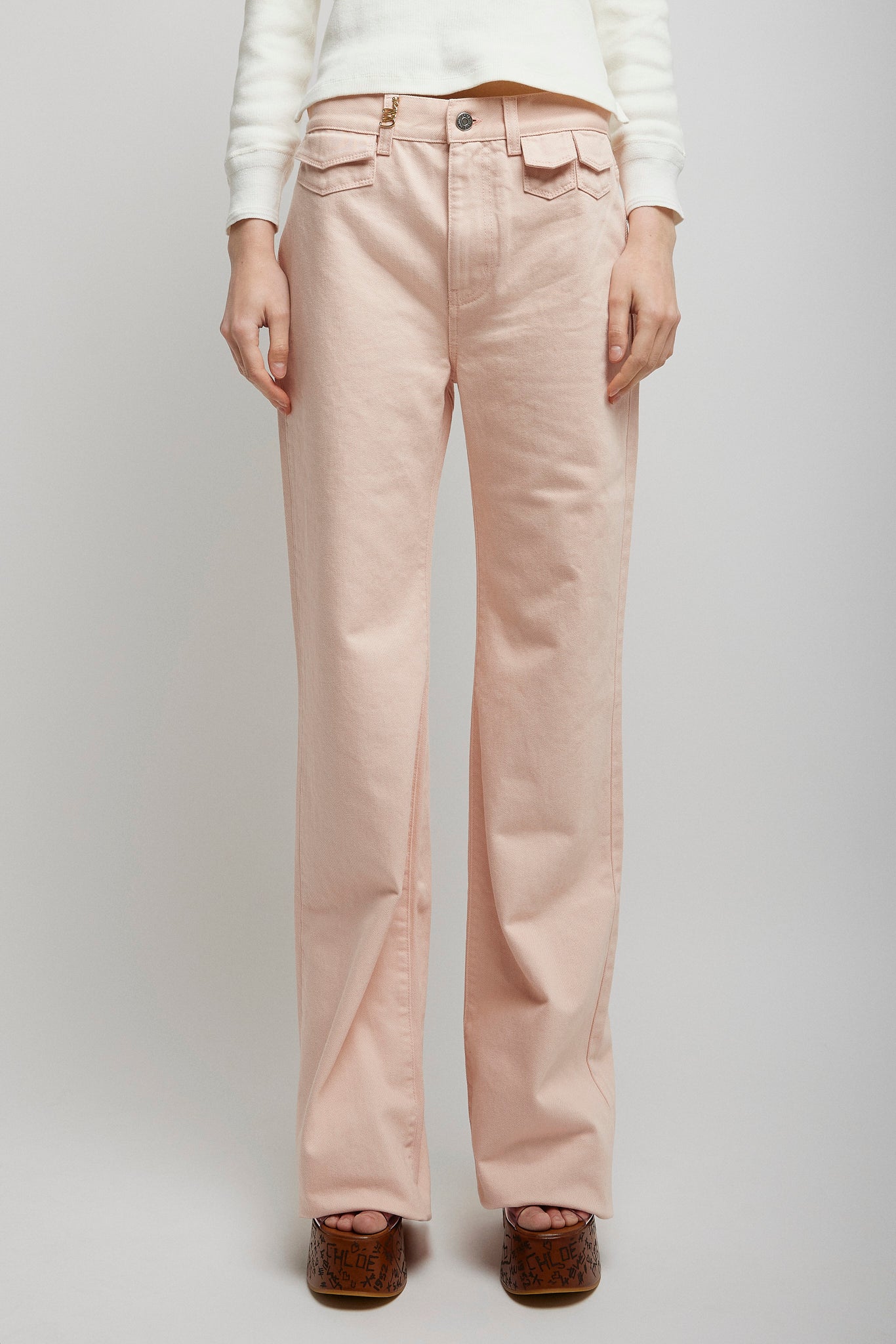 High-rise pink denim flare jeans