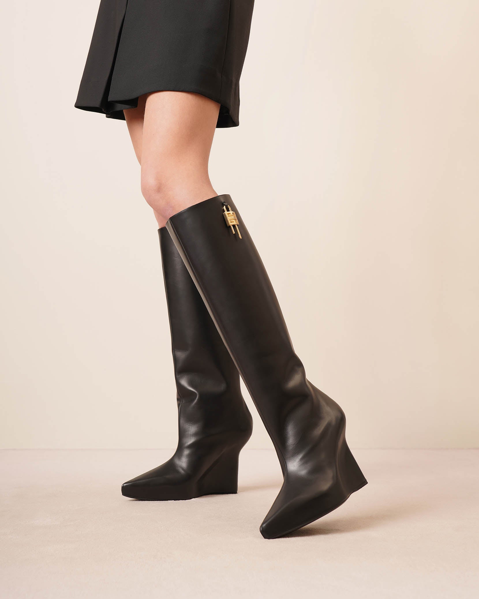 G lock black leather wedge high boots