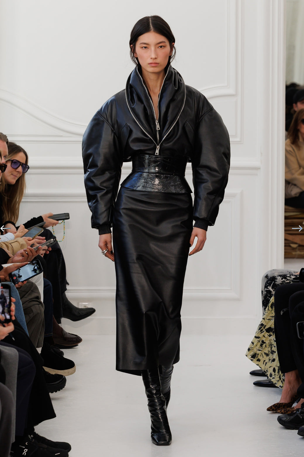 Zipped black leather bomber jacket
