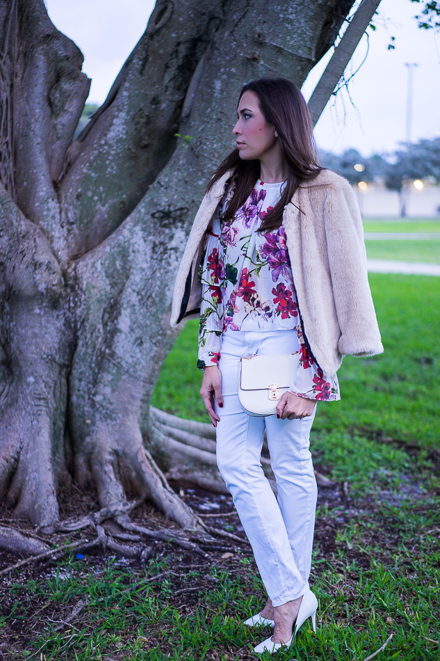 Amanda wearing a blush faux fur jacket styled with a Forever 21 crossbody bag