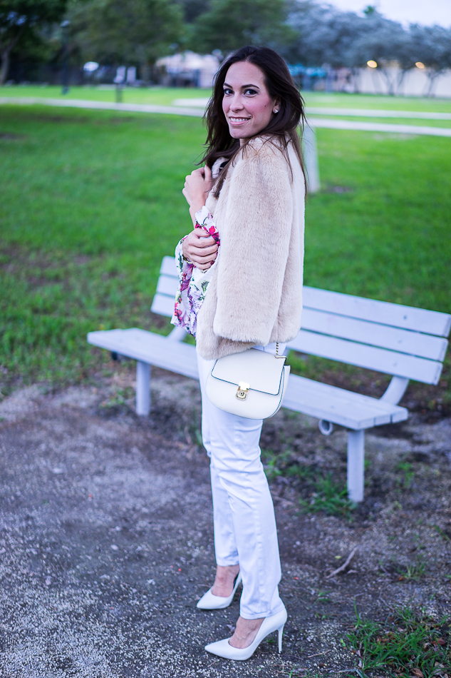 Amanda wearing a faux fur jacket styled with a Forever 21 crossbody bag