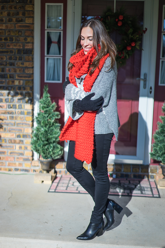 Amanda wearing Free People Fair Isle Split Neck Sweater and red Anthropologie scarf
