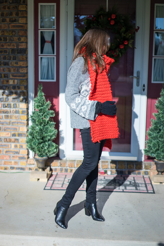 Amanda wearing Red Snow Day Anthropologie scarf and ASKA Collection Troy boots