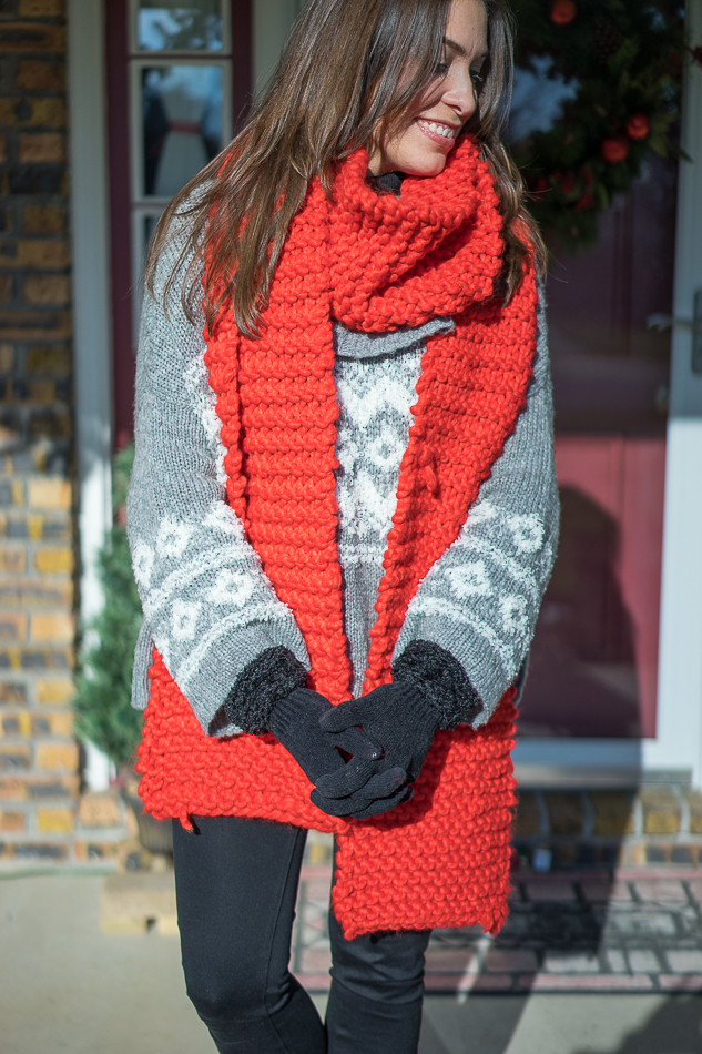Amanda wearing Red Snow Day Anthropologie scarf and Free People Fair Isle sweater