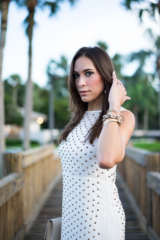 Amanda wearing DVF Abriela studded sheath dress