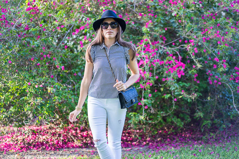 Zara Gingham top_Chanel fashion bag_Rag and Bone fedora hat-3
