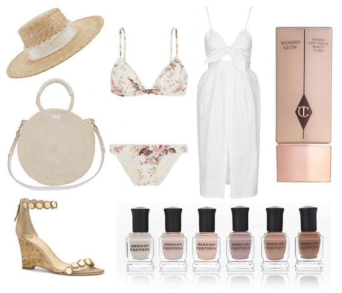 Summer Neutrals, Topshop Cutout Midi Dress, Rag and Bone hat, Vince Camuto wedges, Charlotte Tilbury Wonderglow, Zimmermann bikini