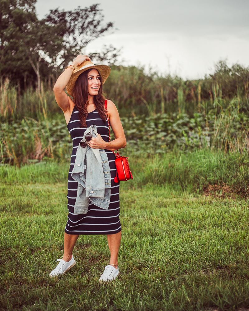 Best Luxury Designers Handbags Blogger Top Quality Luxury Handbag Shop wearing in an Old Navy Striped Midi Dress, Soludos espadrille platform sneaker, Red chanel bag, straw boater hat