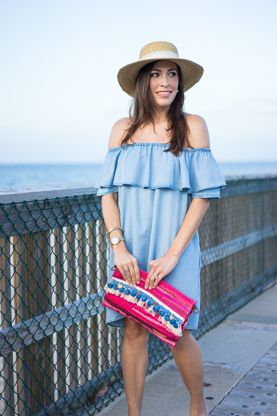 Best Luxury Designers Handbags Blogger Top Quality Luxury Handbag Shop wearing Soft Chambray Denim Dress,  Rag and Bone Laurie straw boater hat and M Gemi sandals, and pink weaved bag