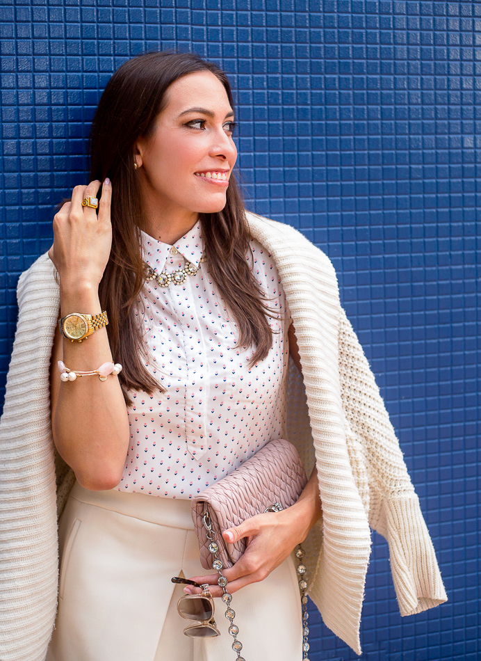 Best Luxury Designers Handbags Blogger Top Quality Luxury Handbag Shop sharing How to Go from Work to Cocktails - in photo: Amanda wearing Ann Taylor sleeveless top, Miu Miu Nappa crystal bag, JCrew white skirt, and sweater