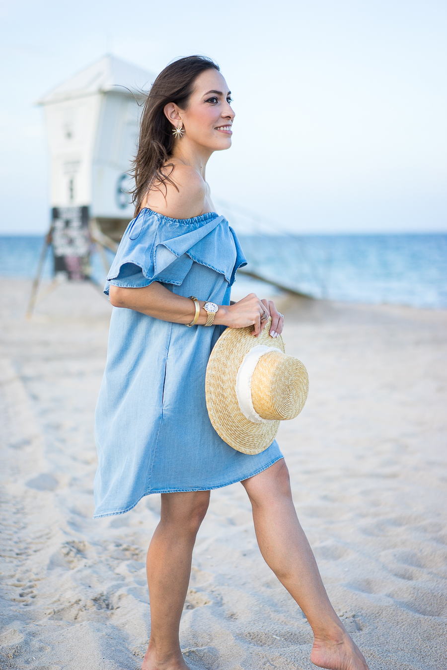 Best Luxury Designers Handbags fashion blogger wearing Zara dress Chambray denim dress with Rag and Bone Laurie straw boater hat and MGemi sandals