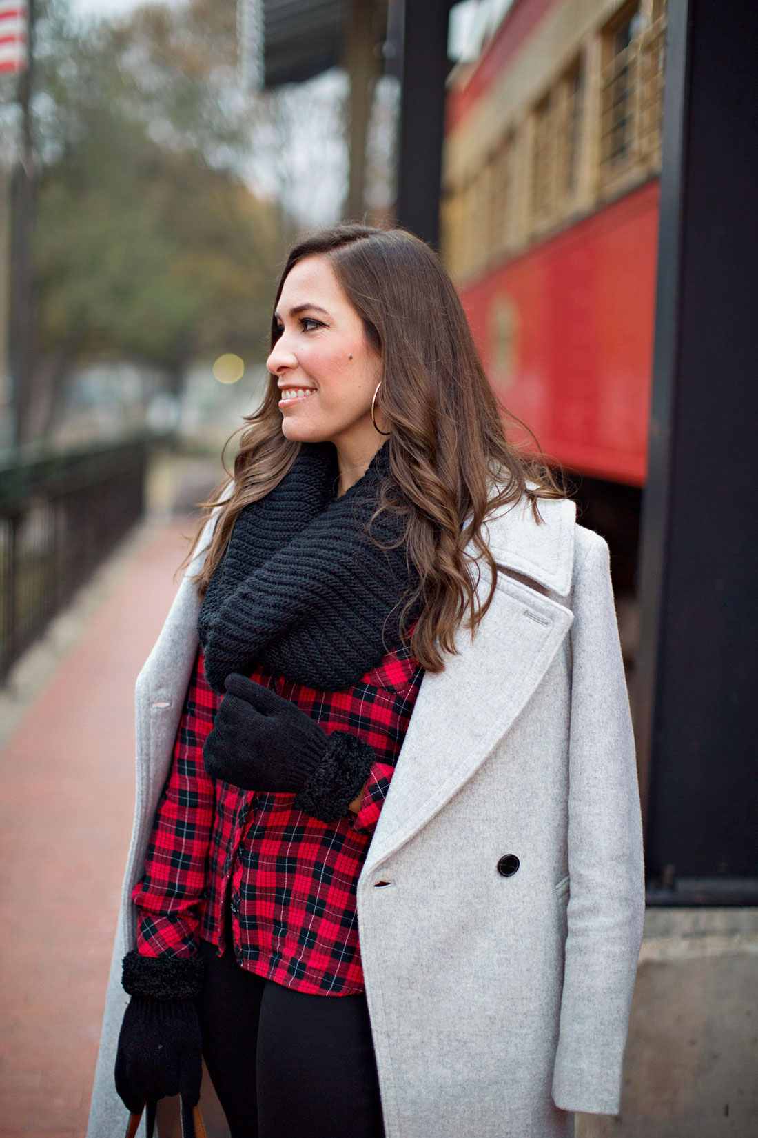 Amanda from Best Luxury Designers Handbags blog shows you how to wear the Club Monaco Daylina coat with buffalo plaid shirt and black infinity scarf for casual holiday outfit