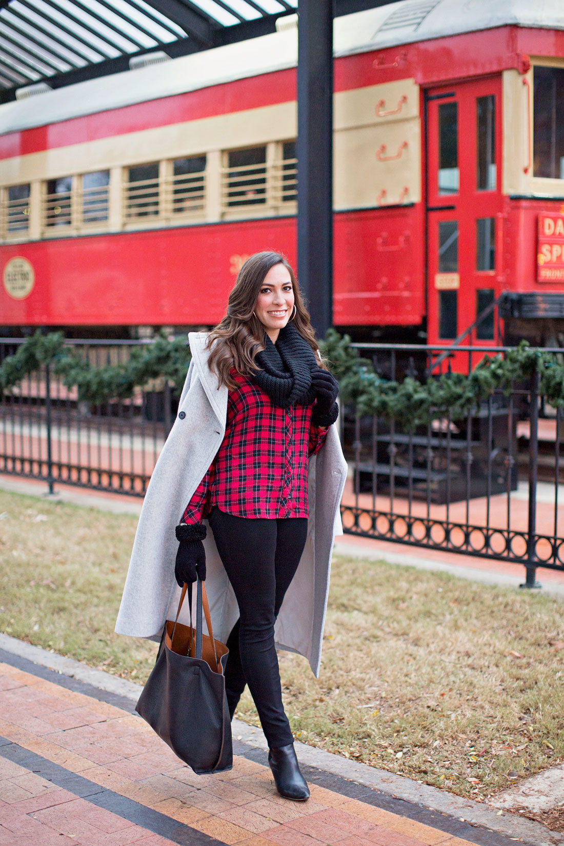 Best Luxury Designers Handbags fashion blogger Amanda wears casual Christmas outfit in buffalo plaid shirt with Nordstrom reversible tote and black infinity scarf topped with Club Monaco Daylina coat