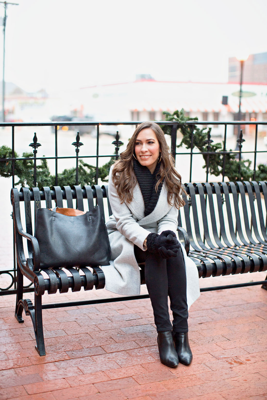 Amanda from Best Luxury Designers Handbags fashion blog enjoys historic downtown Plano Texas wearing Club Monaco Daylina coat and Nordstrom reversible tote with ASKA Collection Troy booties and Target black infinity scarf