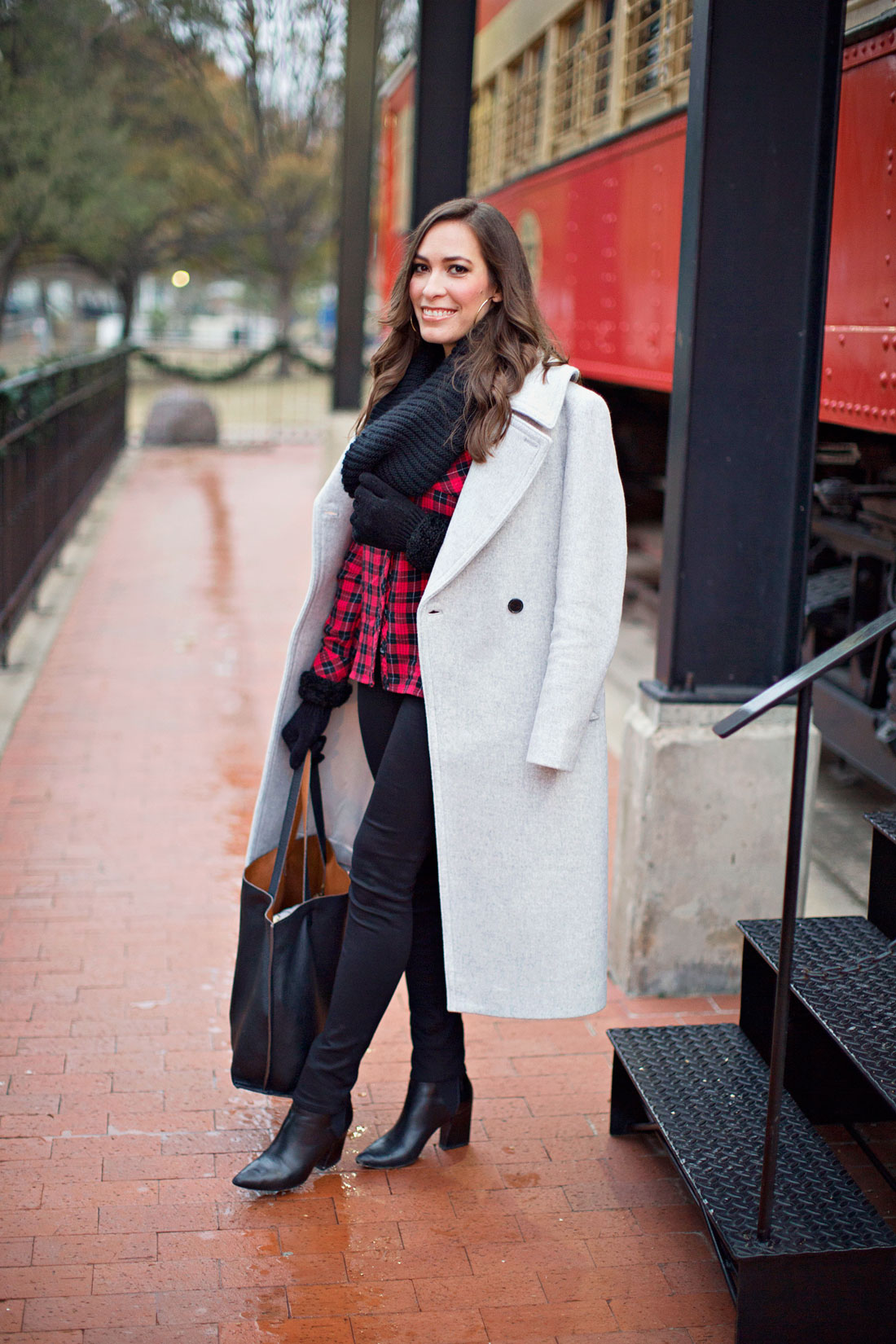 Blogger Amanda from Best Luxury Designers Handbags wears a casual Christmas outfit in her Club Monaco Daylina coat and red buffalo plaid shirt with black infiniy scarf and ASKA Collection Troy Booties 