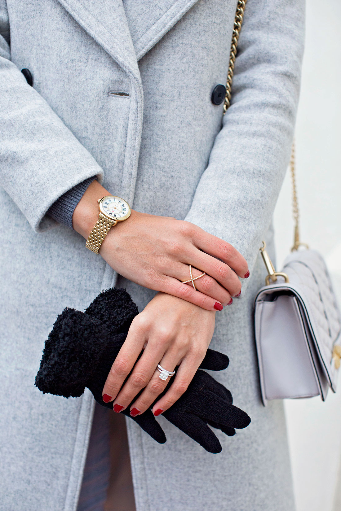 Amanda wearing an all grey look featuring Rebecca Minkoff Love crossbody bag and Baublebar Crystal Mason ring