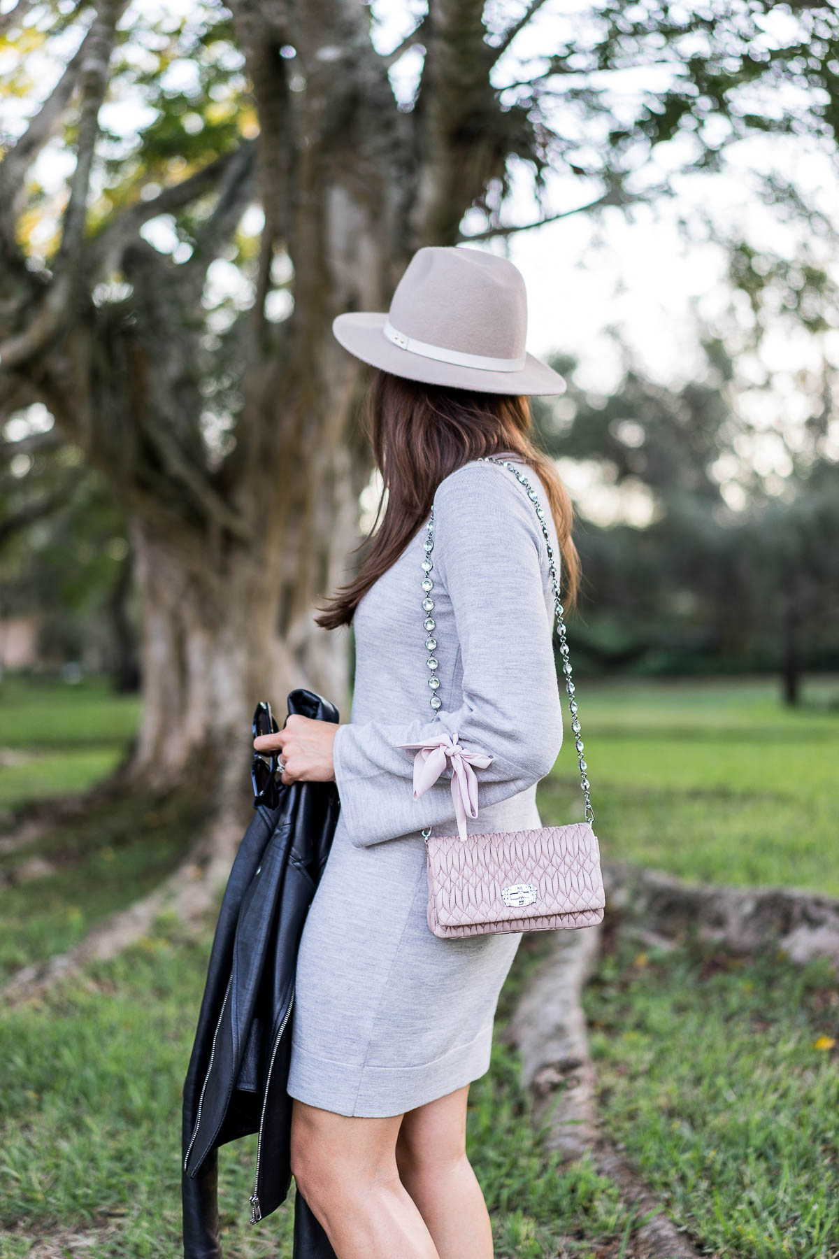 Best Luxury Designers Handbags blogger Amanda confirms her New Years goals while wearing Club Monaco Sohrab sweater dress and Club Monaco fedora while carrying Miu Miu Nappa Crystal bag