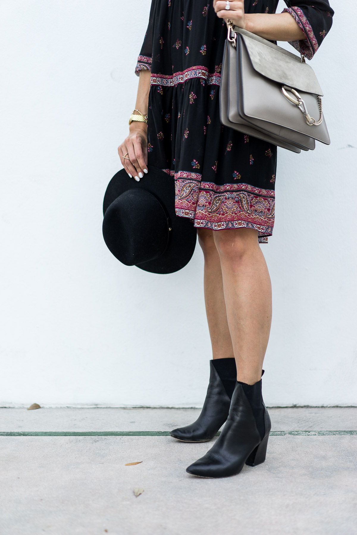Amanda from Best Luxury Designers Handbags blog shares her fave boho midi dress and accessorizes with ASKA Troy Booties and Chloe Faye bag