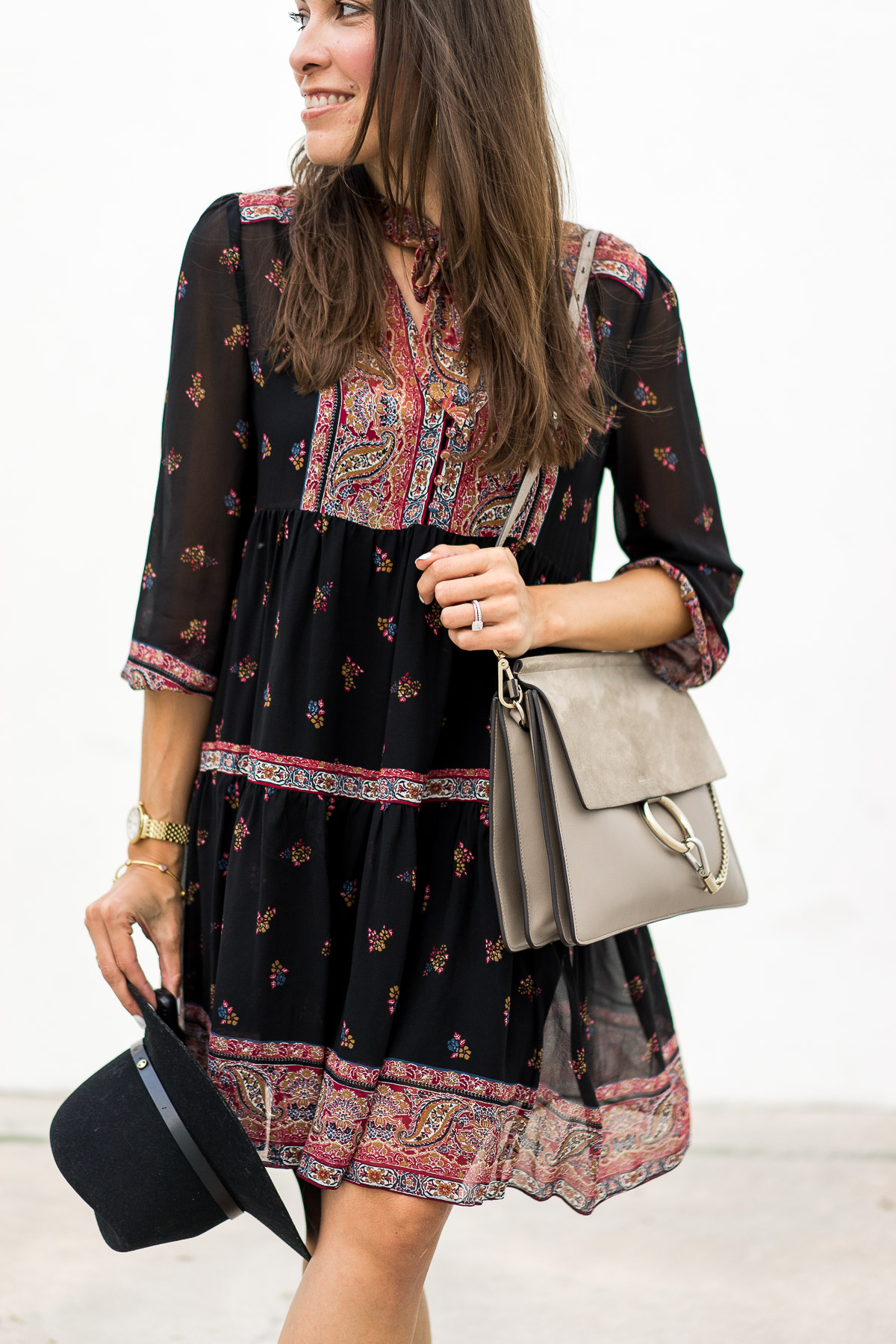 Best Luxury Designers Handbags blogger Amanda wears Joie Alpina dress for best boho style with ASKA black ankle booties and Chloe Faye bag