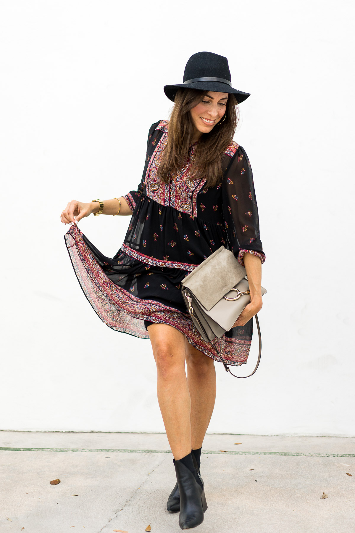 Blogger Amanda from Best Luxury Designers Handbags wears Joie Alpina dress over the weekend with Rag and Bone black fedora black ASKA Troy booties and Chloe Faye bag