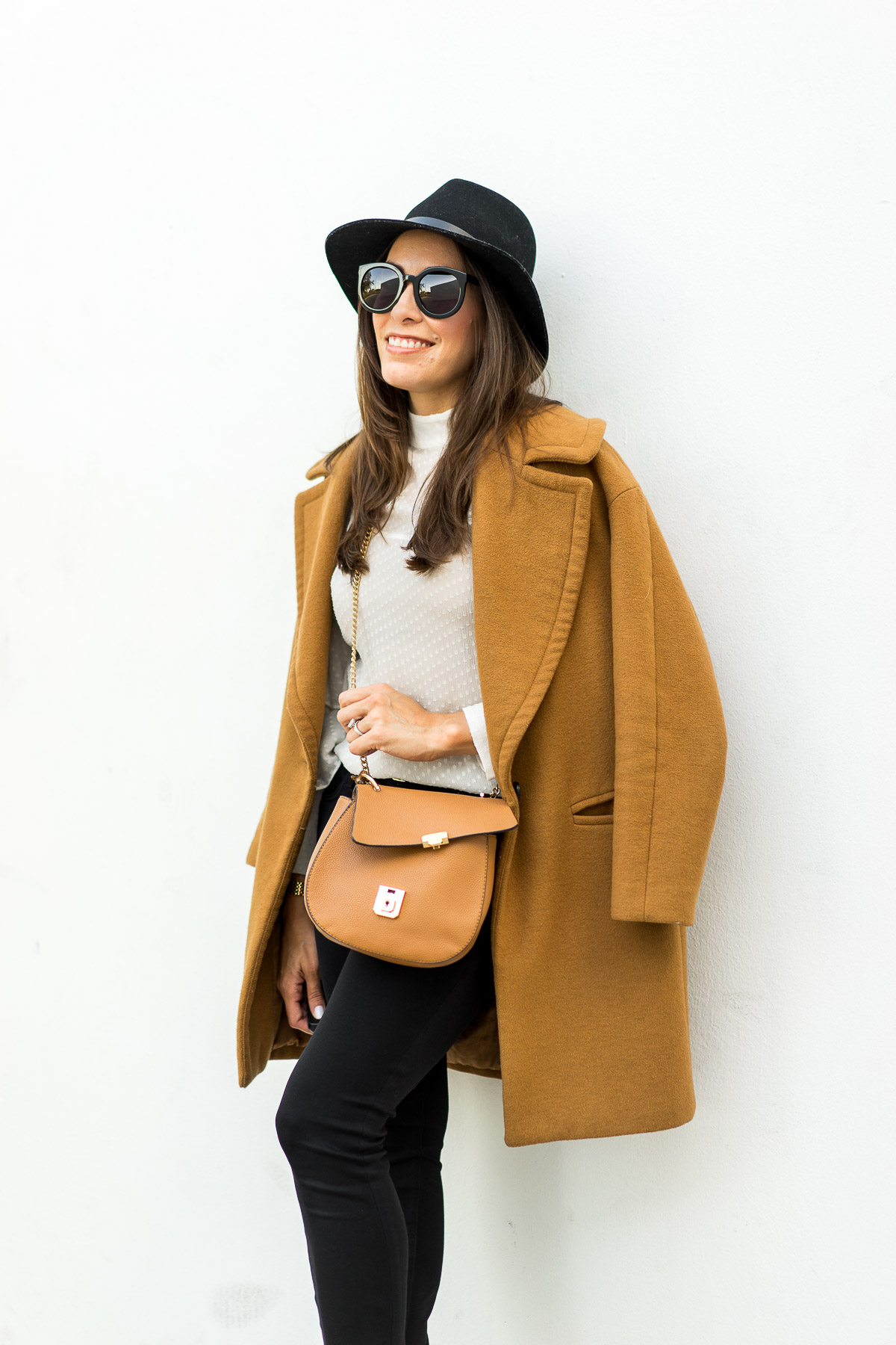 Amanda from Best Luxury Designers Handbags blog shares her winter style look in a tan Zara coat and sheer white blouse with Chloe Drew dupe bag