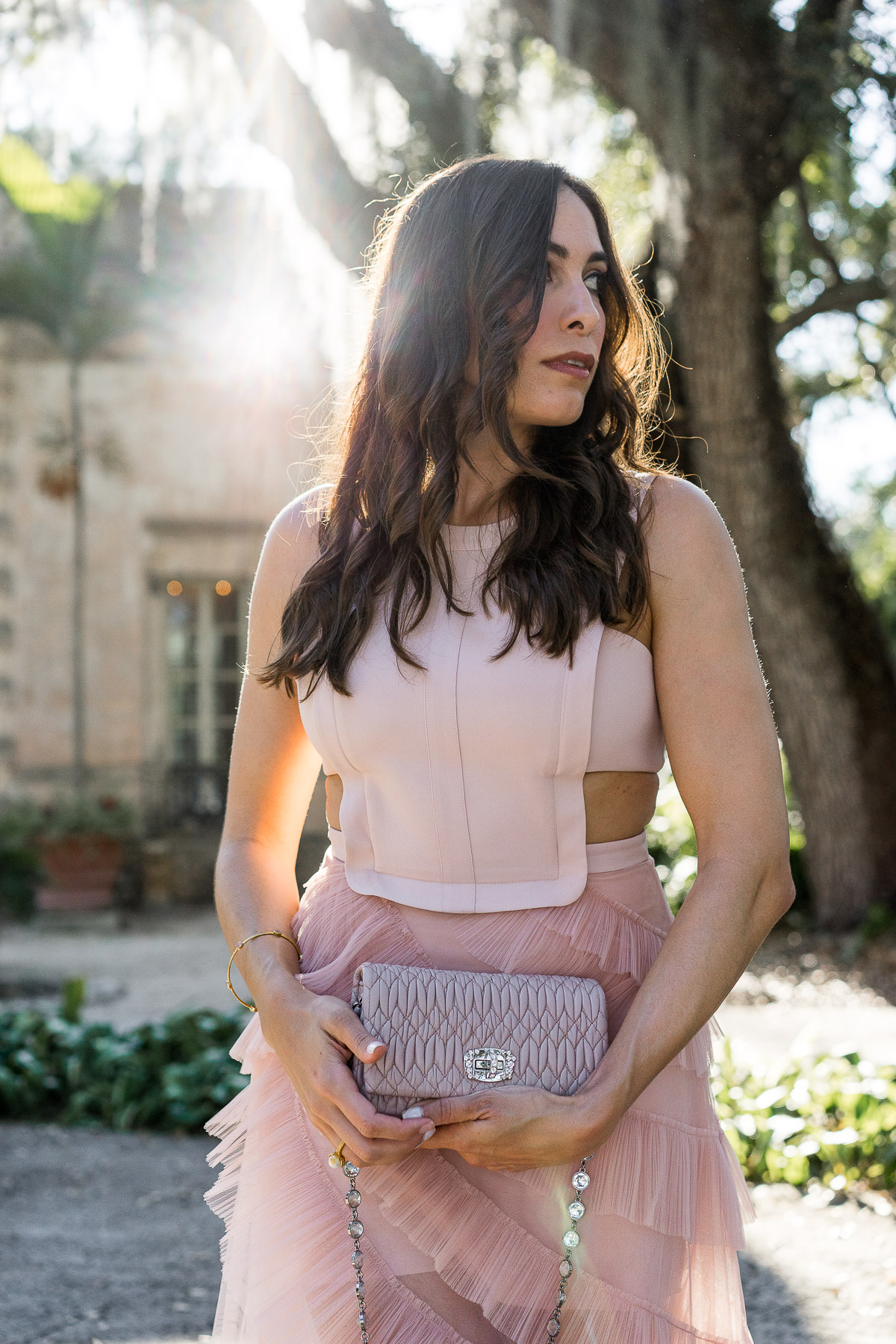 Amanda from Best Luxury Designers Handbags blog wears BCBG blush tulle dress with her Miu Miu bag at Viscaya in Miami