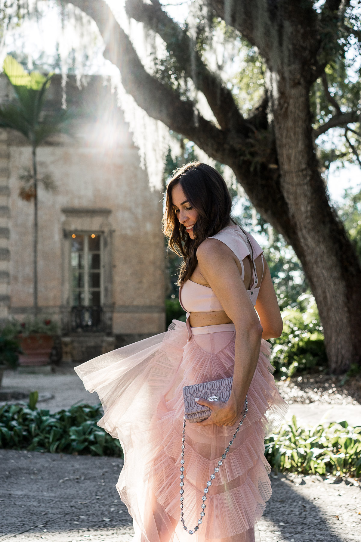 Fashion blogger Amanda from Best Luxury Designers Handbags blog wears gorgeous BCBG Avalon blush tulle dress with Miu Miu bag and Christian Louboutin Pigalle pumps
