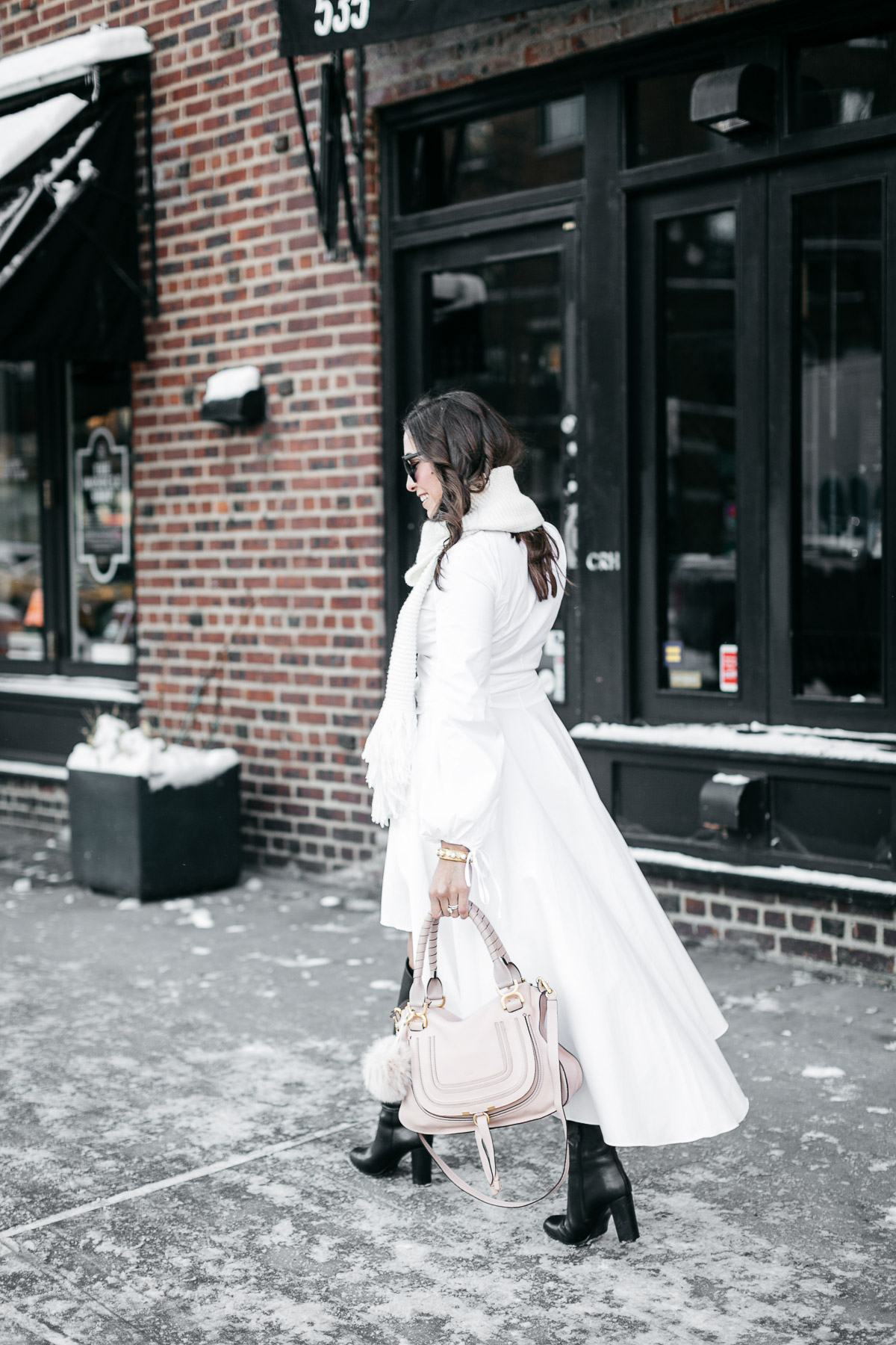 Amanda from Best Luxury Designers Handbags blog wears Carolina Constas Lena white shirt dress in Greenwich Village during NYFW Spring 2017 while carrying Chloe Marcie bag for her NYFW street style