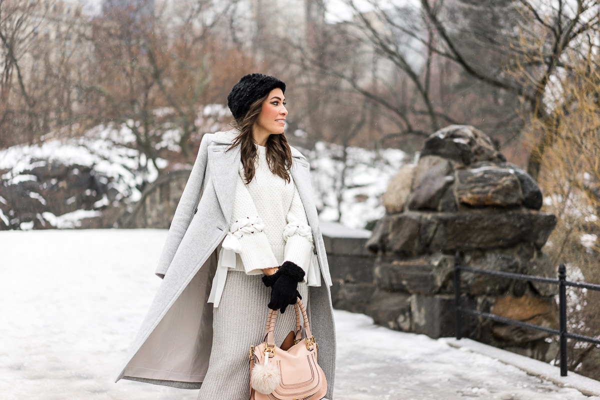 NYFW street style with a neutral look featuring BCBGeneration grey midi skirt and Club Monaco coat and sweater details by South Florida fashion blogger Amanda from Best Luxury Designers Handbags