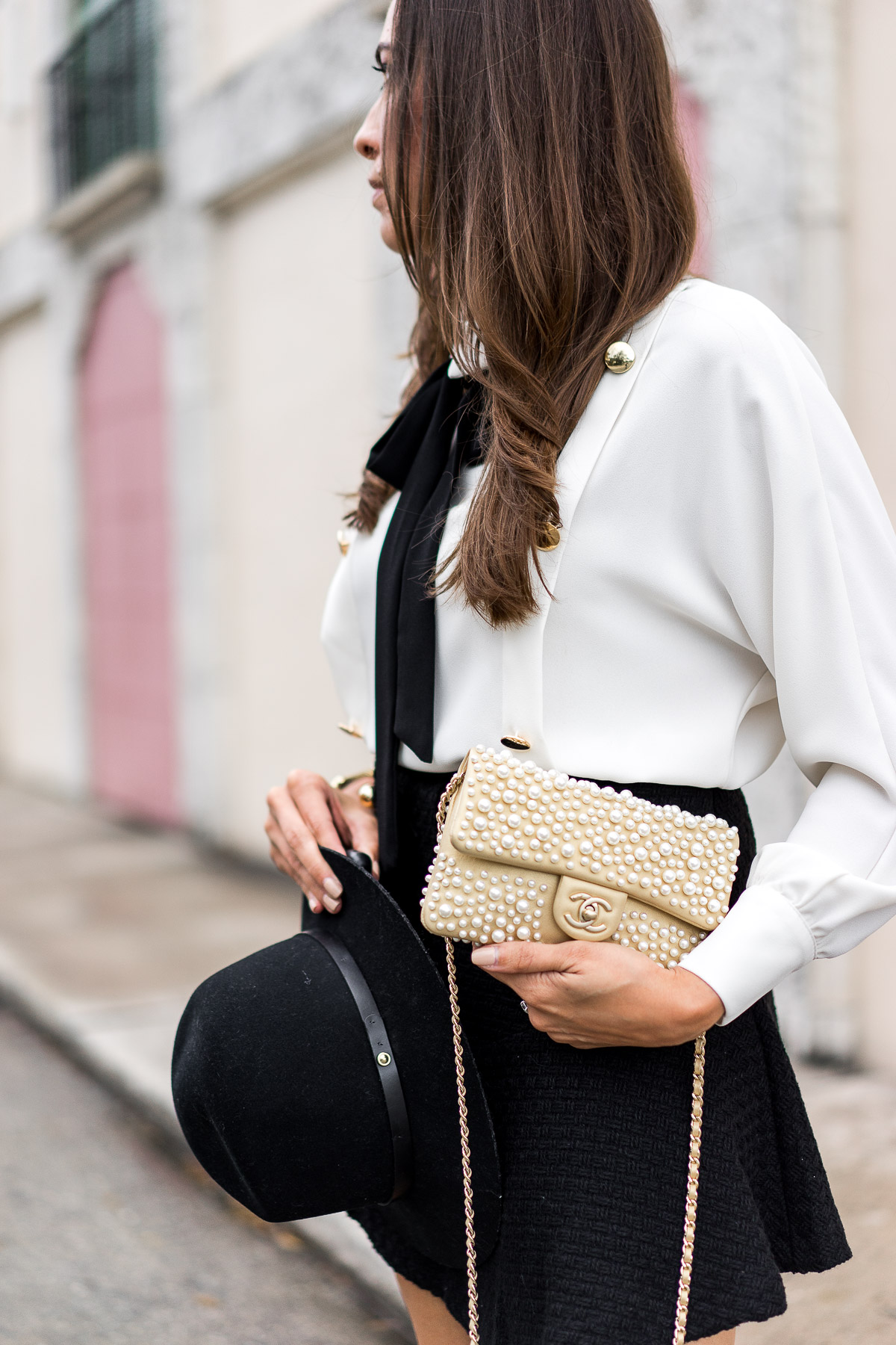 Chanel pearl bag is beautifully styled by Amanda of Best Luxury Designers Handbags blog 