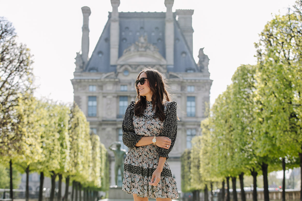 Great fashion blog photos at the Tuileries Garden in Paris by Amanda of Best Luxury Designers Handbags blog wearing silk floral dress