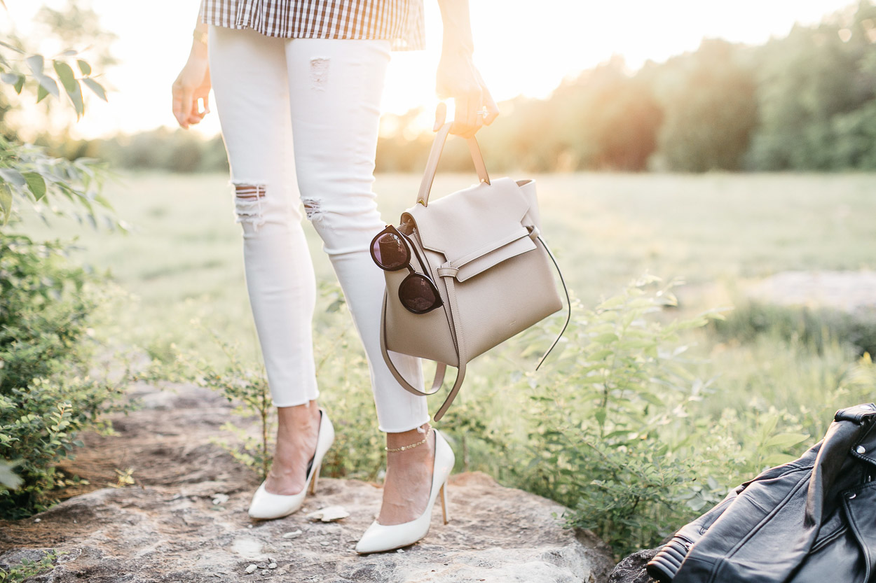 Nude Celine Belt bag and white legging jeans by AG Jeans worn and styled for Spring by Amanda of Best Luxury Designers Handbags blog