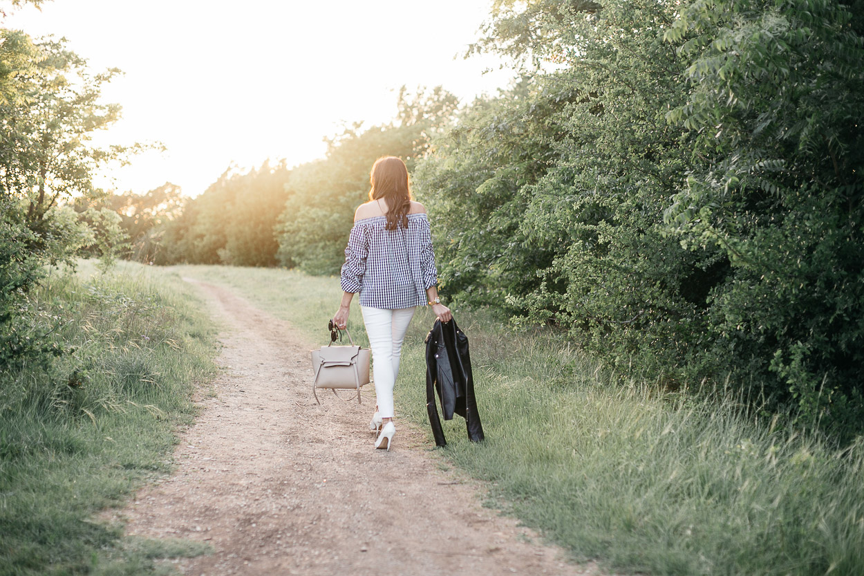 Perfect Spring day in gingham top by Chicwish with white legging jeans by AG Jeans styled by Amanda of Best Luxury Designers Handbags blog