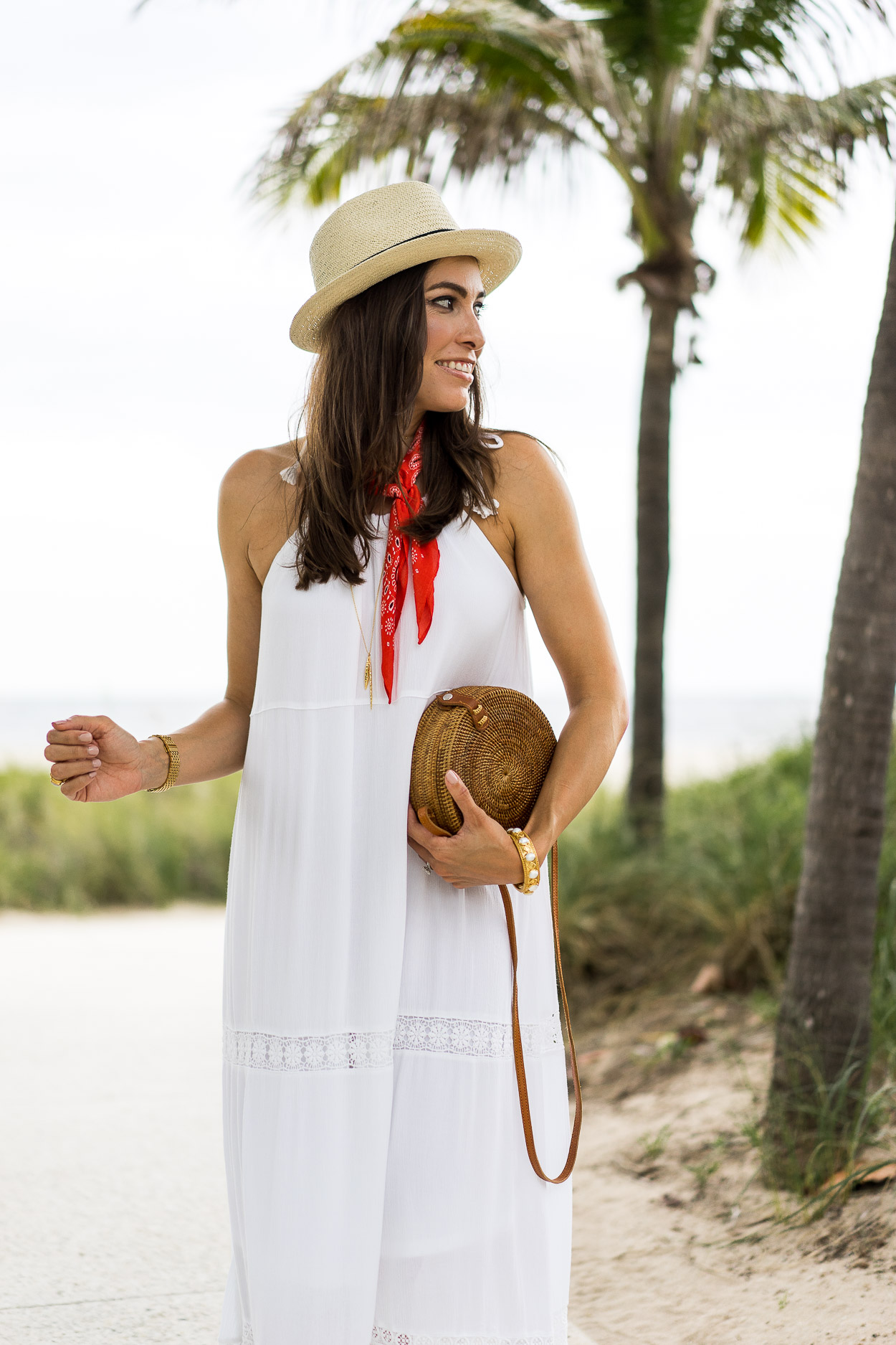 Summer fashion with #oldnavystyle worn by Amanda of Best Luxury Designers Handbags blog in white crochet maxi dress and red bandana with straw hat